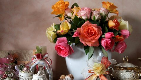Розы, цветы, букет, ваза, фарфор, лук