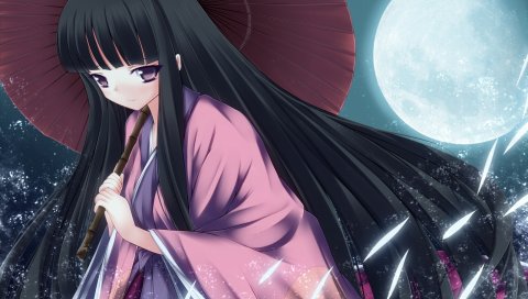 Houraisan kaguya, девушка, брюнетка, кимоно, зонтик