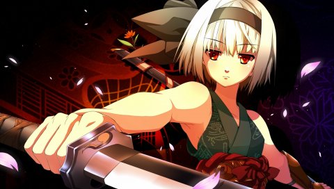 Konpaku youmu, девушка, меч, лепестки