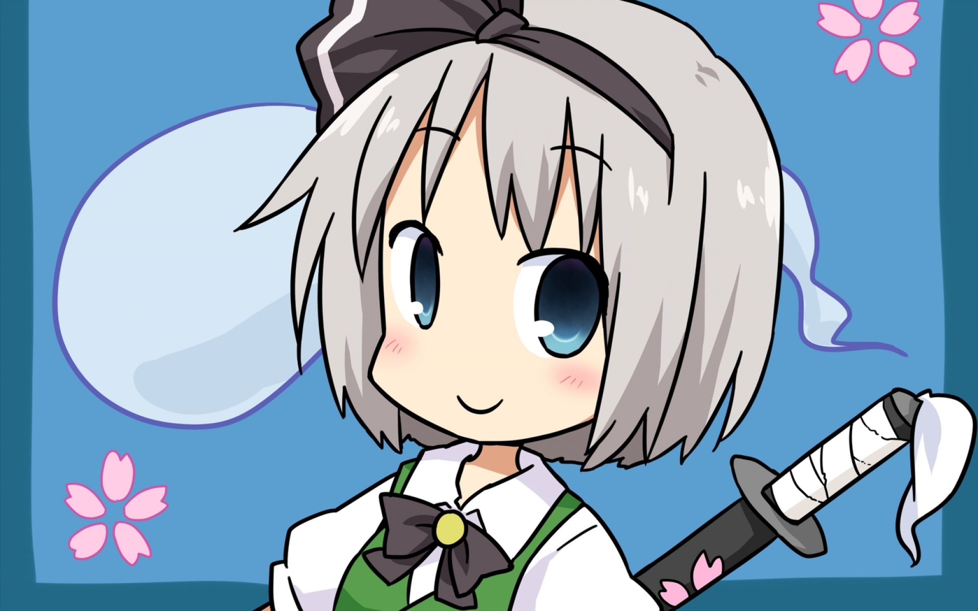 Картинки Конпаку youmu, девушка, улыбка, оружие фото и обои на рабочий стол