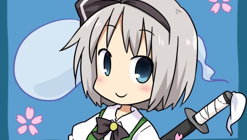 Конпаку youmu, девушка, улыбка, оружие