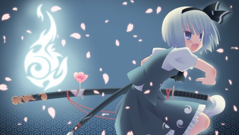 Konpaku youmu, kurasawa kyoushou, девушка, катана, осанка, лепестки