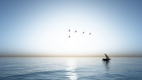 Корабль, море, птицы, клин, сорняки