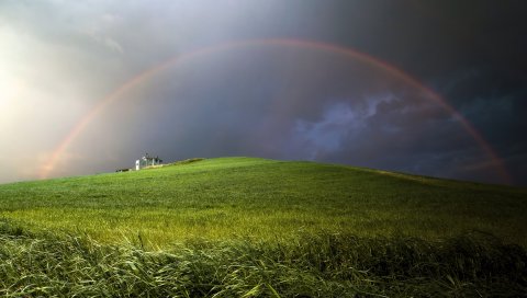 Радуга, облака, холм, облачно, луг