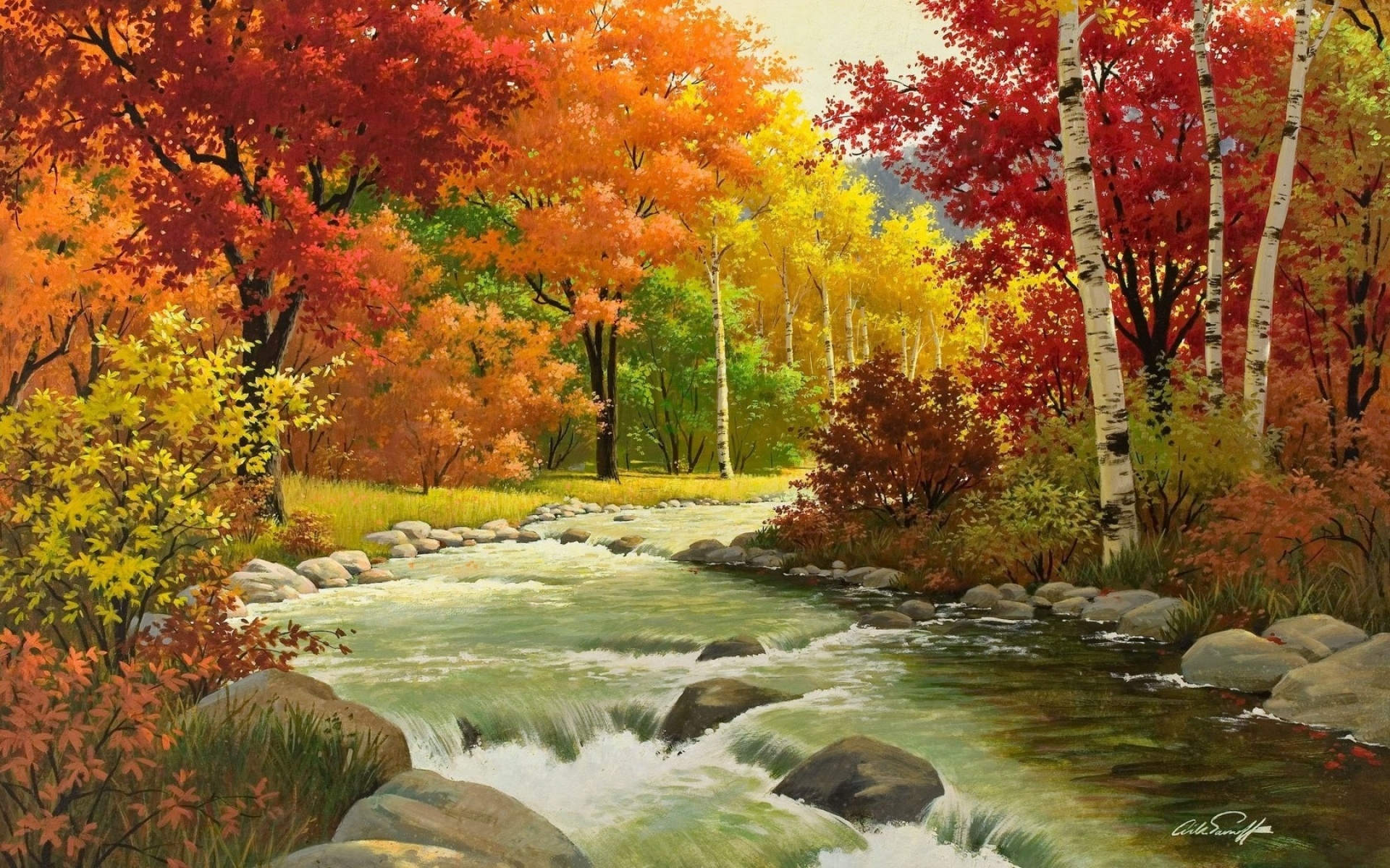 Картинки Осень, пейзаж, живопись, река, лес фото и обои на рабочий стол