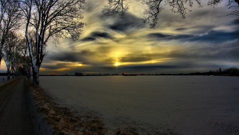 Дорога, вечер, сугробы, снег, поле, мороз, зима