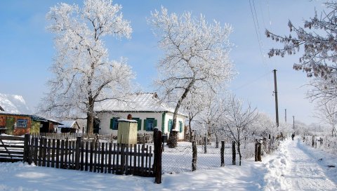 Зима, снег, дом, забор, деревня