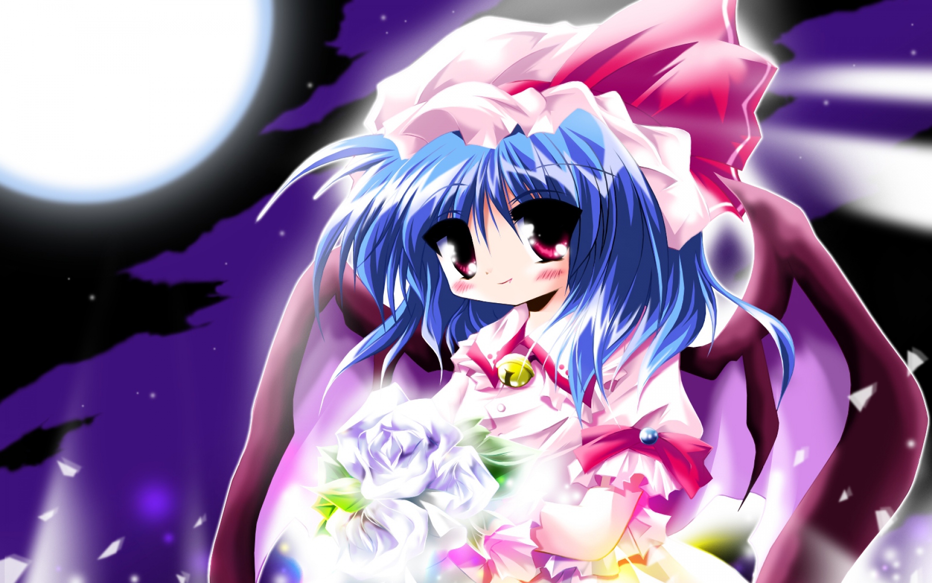 Картинки Алый touhou, девушка, улыбка, букет, луна фото и обои на рабочий стол