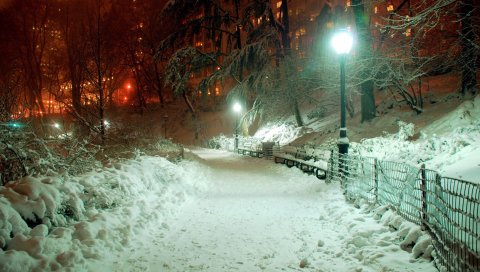 Парк, свет, лампа, зима, сугробы, январь