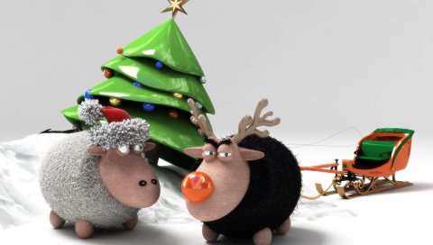 Дерево, овец, сани, встреча, праздник, новый год