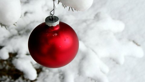 Рождественские украшения, мяч, висит, снег, ветка, иглы