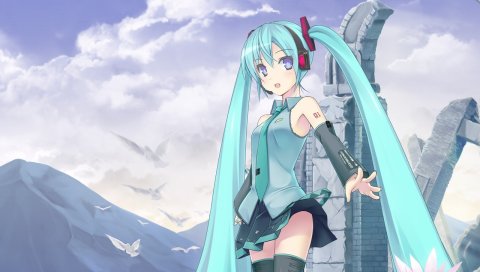 Hatsune miku, девушка, наушники, природа
