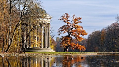Беседка, колонны, парк, осень, дерево, пруд