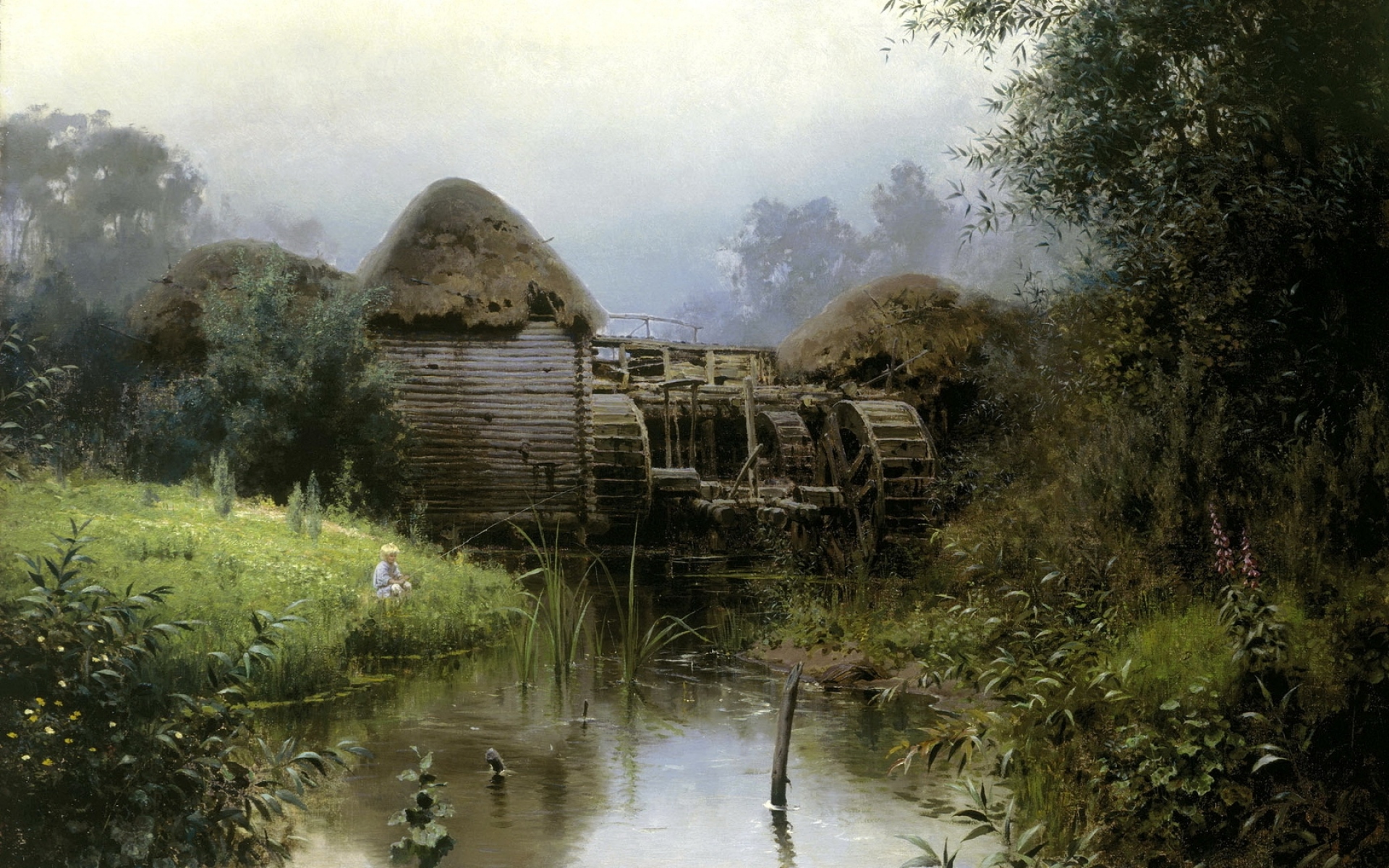 Картинки Пейзаж, искусство, мельница, пруд, механизм фото и обои на рабочий стол