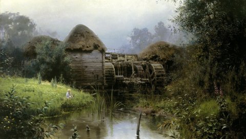 Пейзаж, искусство, мельница, пруд, механизм