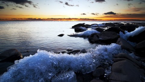 Лед, побережье, закат, море, холод