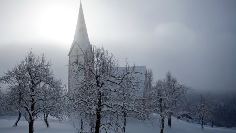 Храм, зима, снег, облачно, сад, деревья