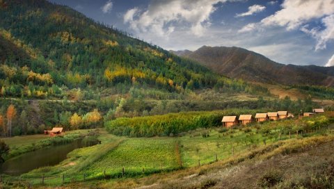 Алтай, горы, осень, домики, пруд, лес