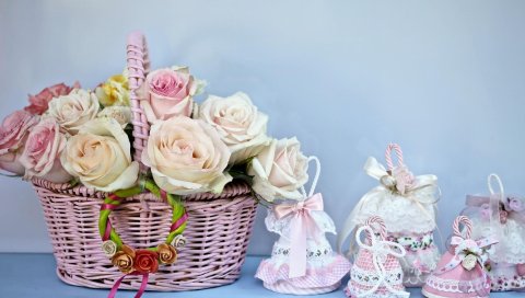Розы, цветы, корзины, колокольчики, луки