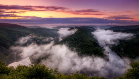Германия, река, петля, изгиб, туман, вечер, спад