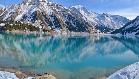 Голубая вода, озеро, горы, зима, снег, свежесть