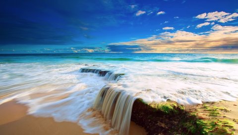 Берег, море, день, волна, вода, возвышенность