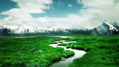 Поток, горы, долина, зелень, искусство