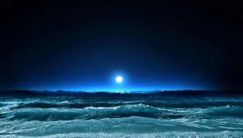 Луна, свет, море, ночь, волны, искусство