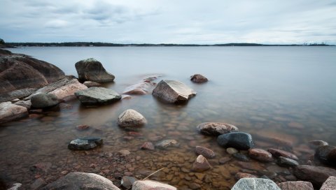 Вода, камни, испарение, облачно, пейзаж, круто