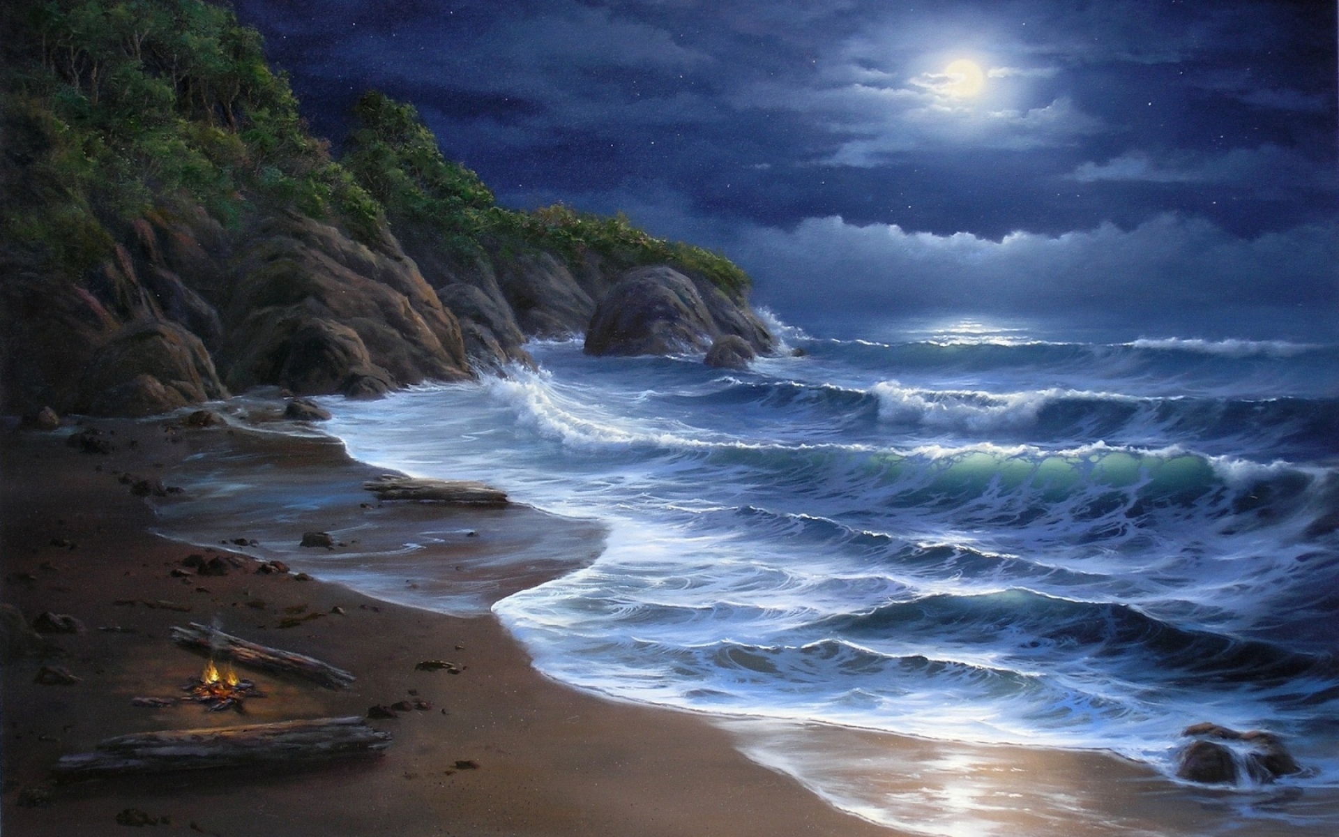 Картинки Берег, море, волны, луна, огонь, искусство фото и обои на рабочий стол