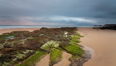 Песок, плиты, мох, побережье, море, облачно