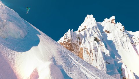 Горы, снег, спуск, сноубордист, прыжок, экстремальные, сорняки