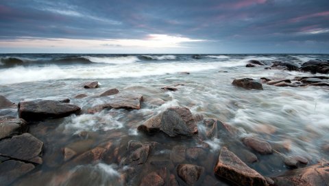 Камни, море, сила, вода, волны, облачно
