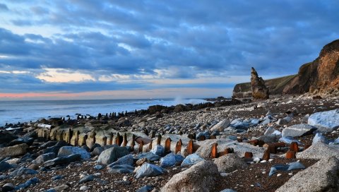Побережье, камни, галька, укрепление, море