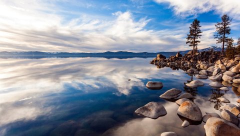 Озеро, камни, день, вода, прозрачное, голубое небо, отражение