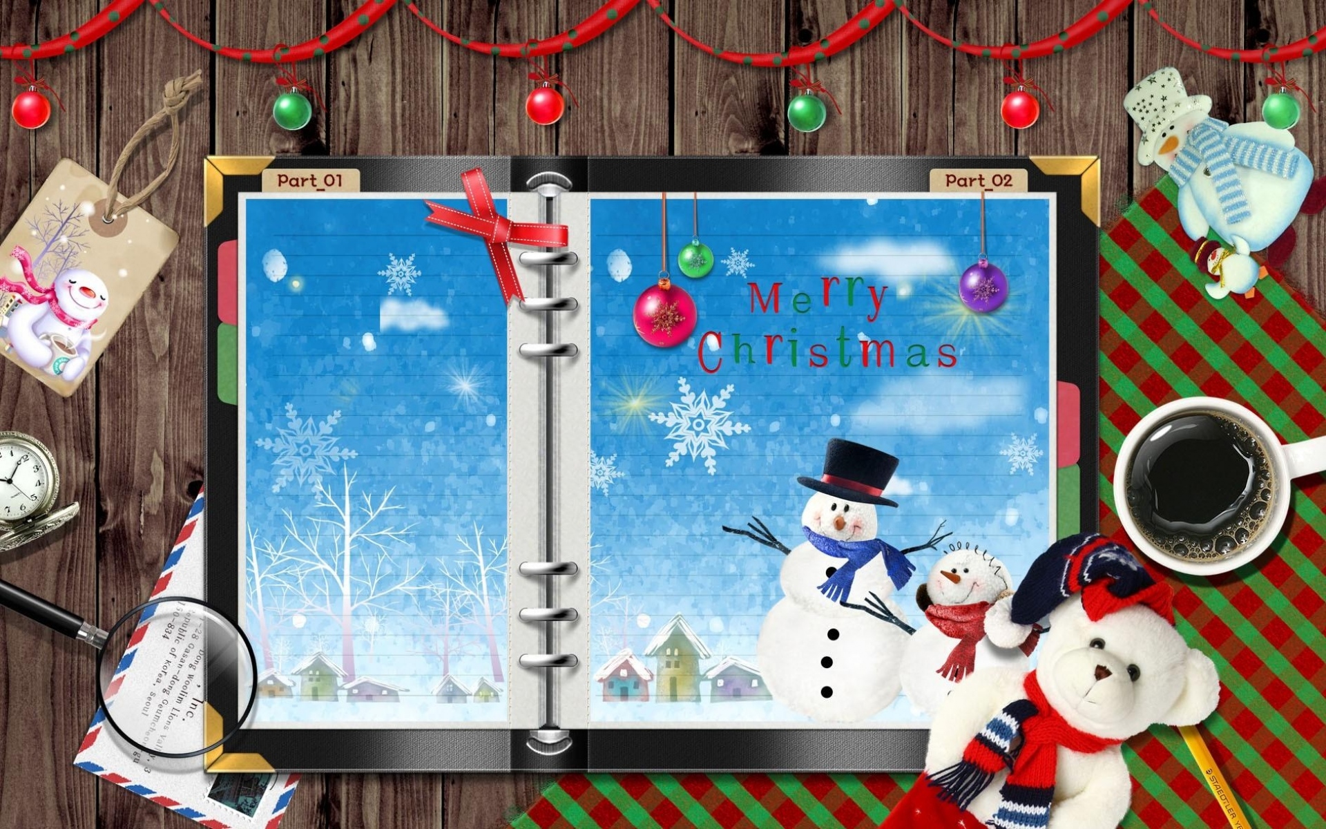 Картинки Ноутбук, снеговики, стол, кофе, снежинки, праздник, рождество, игрушки фото и обои на рабочий стол