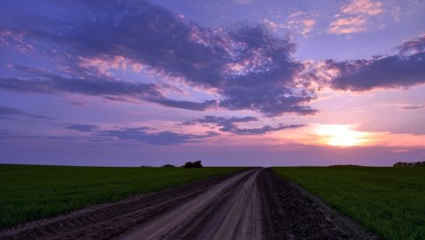 Дорога, страна, поле, вечер, облака, горизонт