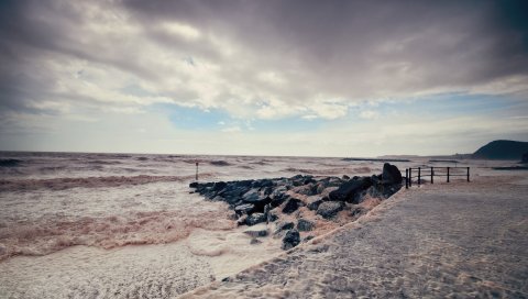 Море, буря, пирс, вода, камни, цвета