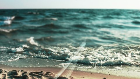 Море, волна, пена, песок, макро, лето