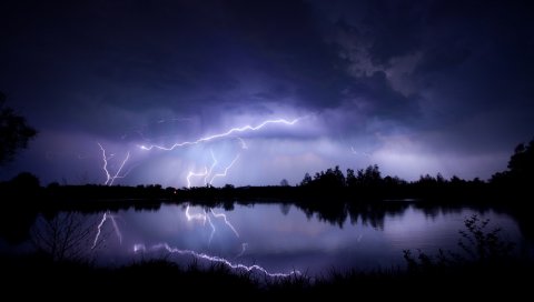 Молния, вода, отражение, элементы, ночь, озеро