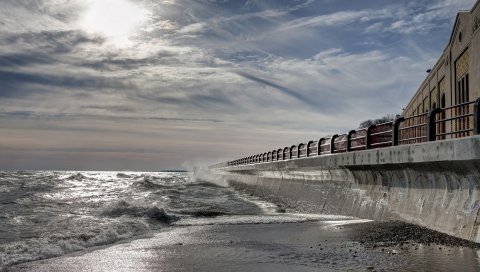Берег, стена, защита, город, укрепление, море, волны