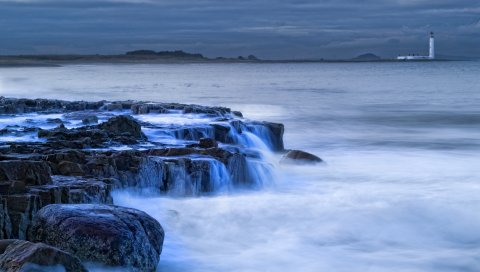 Берег, камни, маяк, расстояние, шотландия, море, волны