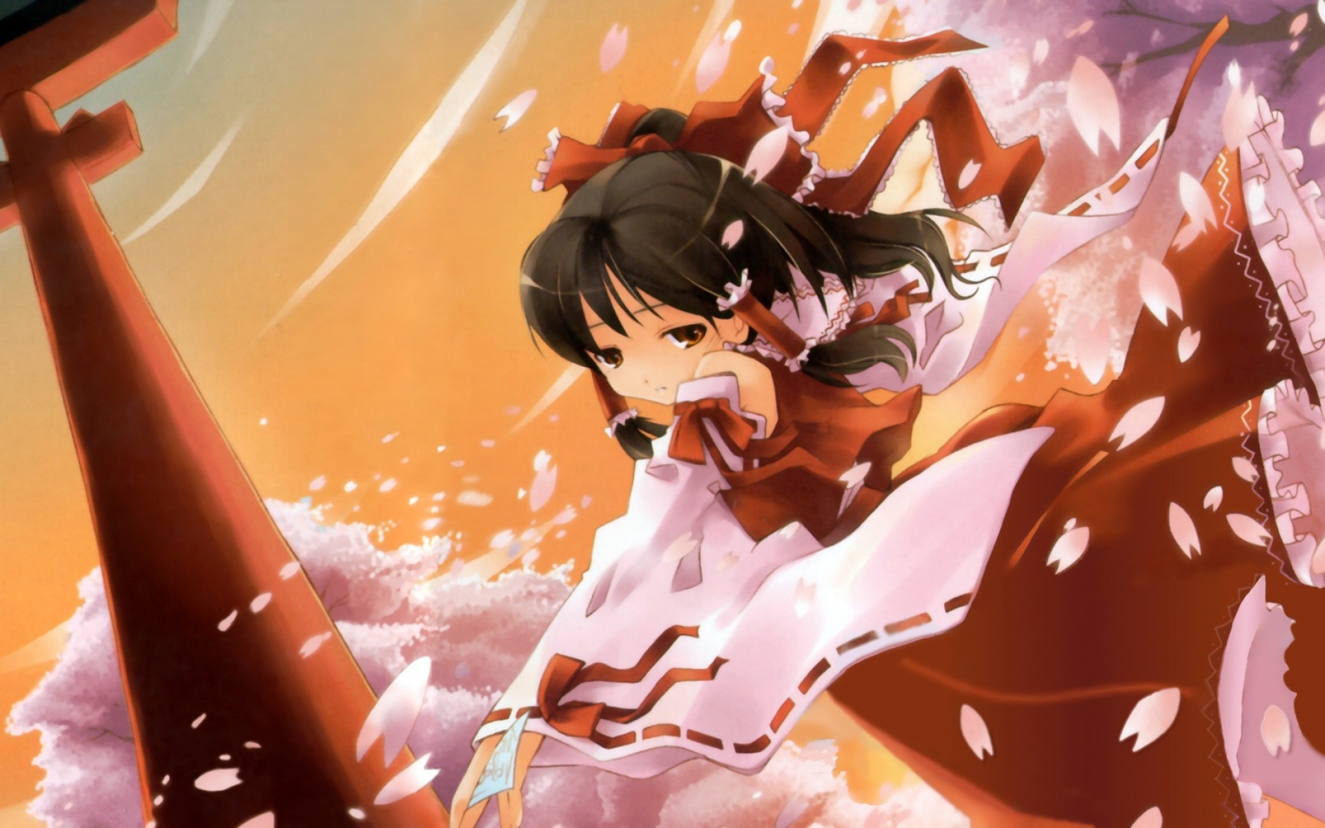 Картинки Touhou, девушка, брюнетка, платье, лепестки, грусть фото и обои на рабочий стол