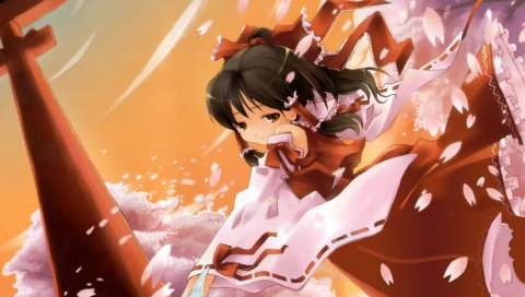 Touhou, девушка, брюнетка, платье, лепестки, грусть