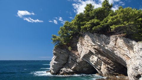Рок, день, тепло, деревья, море, побережье