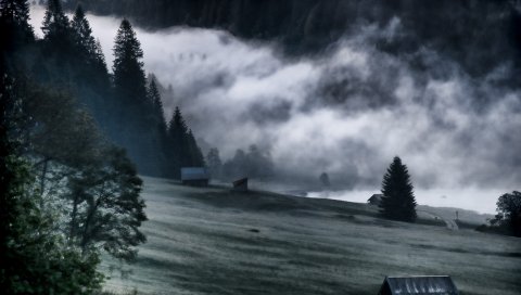 Горы, туман, мрачный, черно-белый