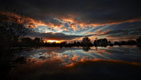 Озеро, вода, вечер, сумерки, отражение, облака, зеркало