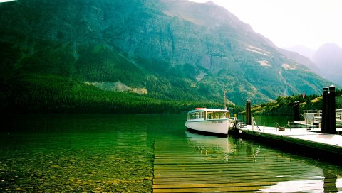 Озеро, горы, снизу, прозрачный, вода, лодка, прогулка