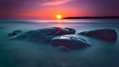 Камни, закат, море, океан, туман, солнце