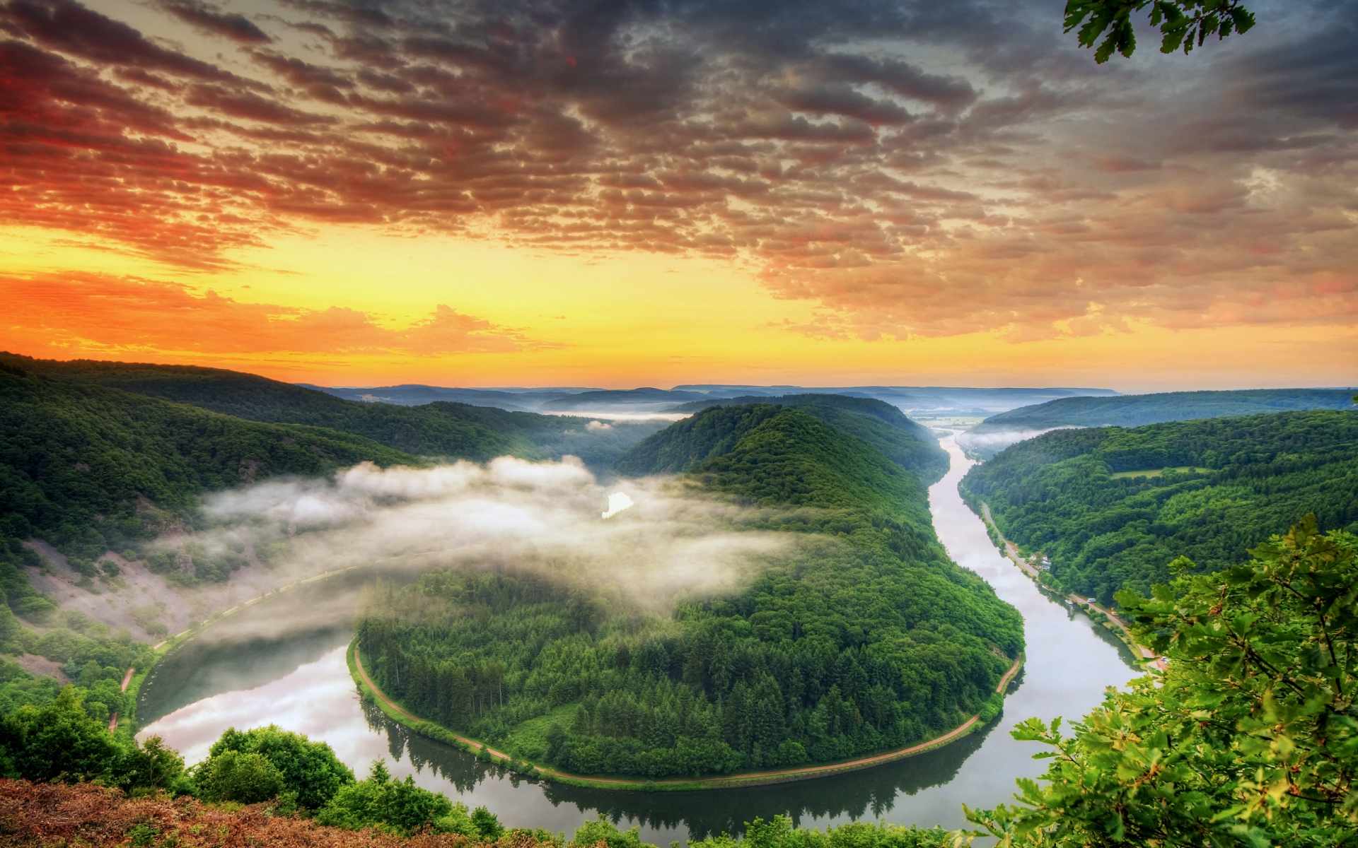 Картинки Германия, река, изгиб, лес, туман, зелень, петля фото и обои на рабочий стол